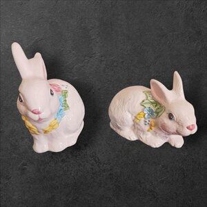 Set of 2 vtg Ceramic Bunnies Figurines With Floral Accents Spring & Easter Decor